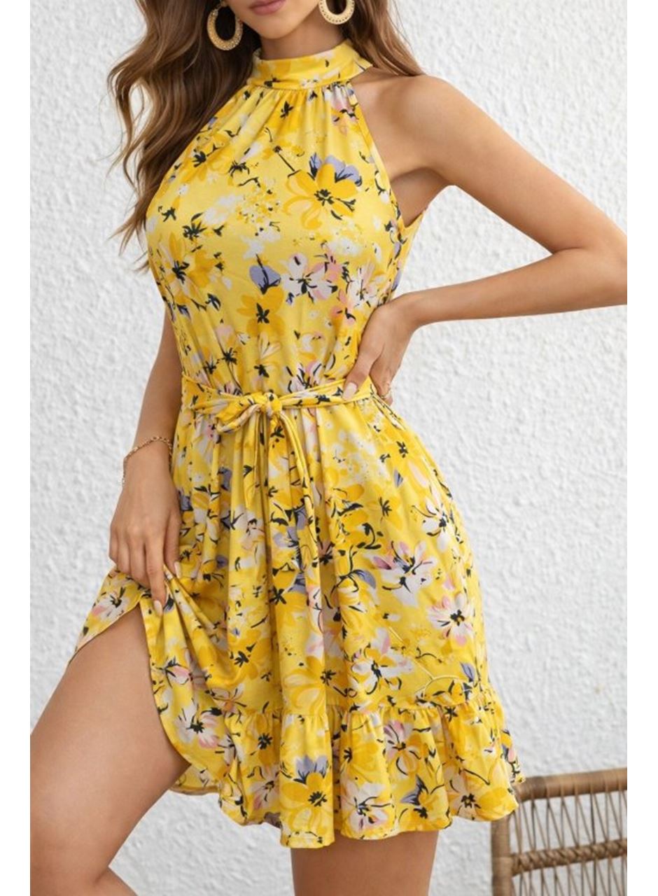 Kadın Omuzlardan Açık Balıkçı Yakalı Kuşaklı Desenli Kısa Süprem Elbise