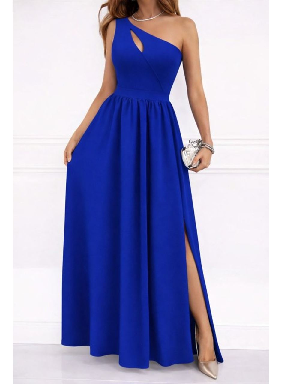 Kadın Omuzlardan Açık Asimetrik Yaka Detaylı Yırtmaçlı Maksi Boy Janjan Krep Elbise