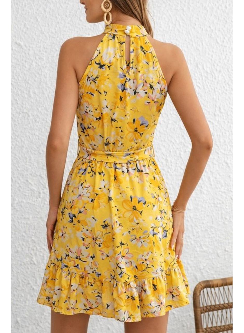 Kadın Omuzlardan Açık Balıkçı Yakalı Kuşaklı Desenli Kısa Süprem Elbise