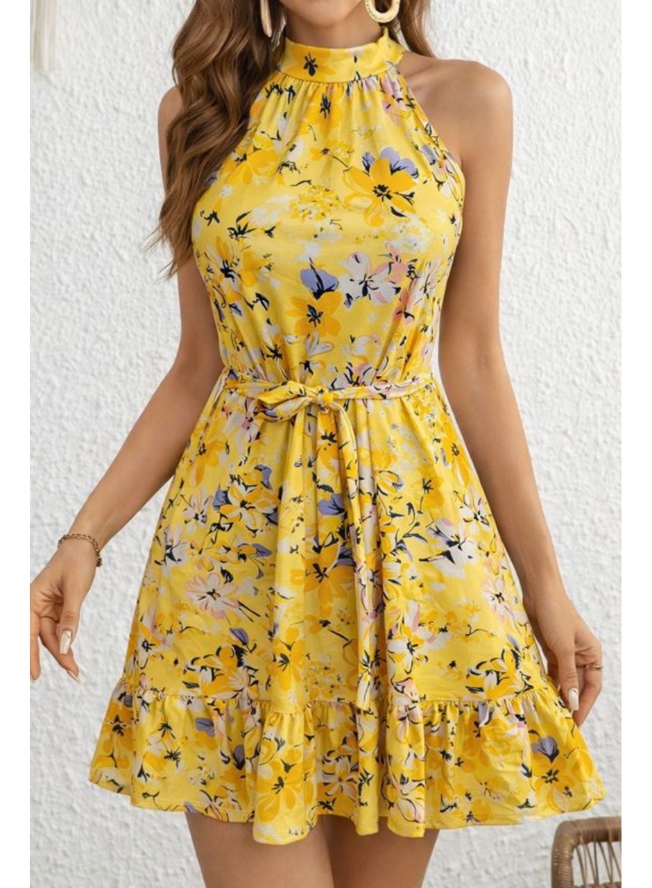 Kadın Omuzlardan Açık Balıkçı Yakalı Kuşaklı Desenli Kısa Süprem Elbise