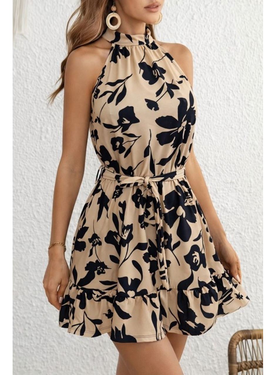 Kadın Omuzlardan Açık Balıkçı Yakalı Kuşaklı Desenli Kısa Süprem Elbise