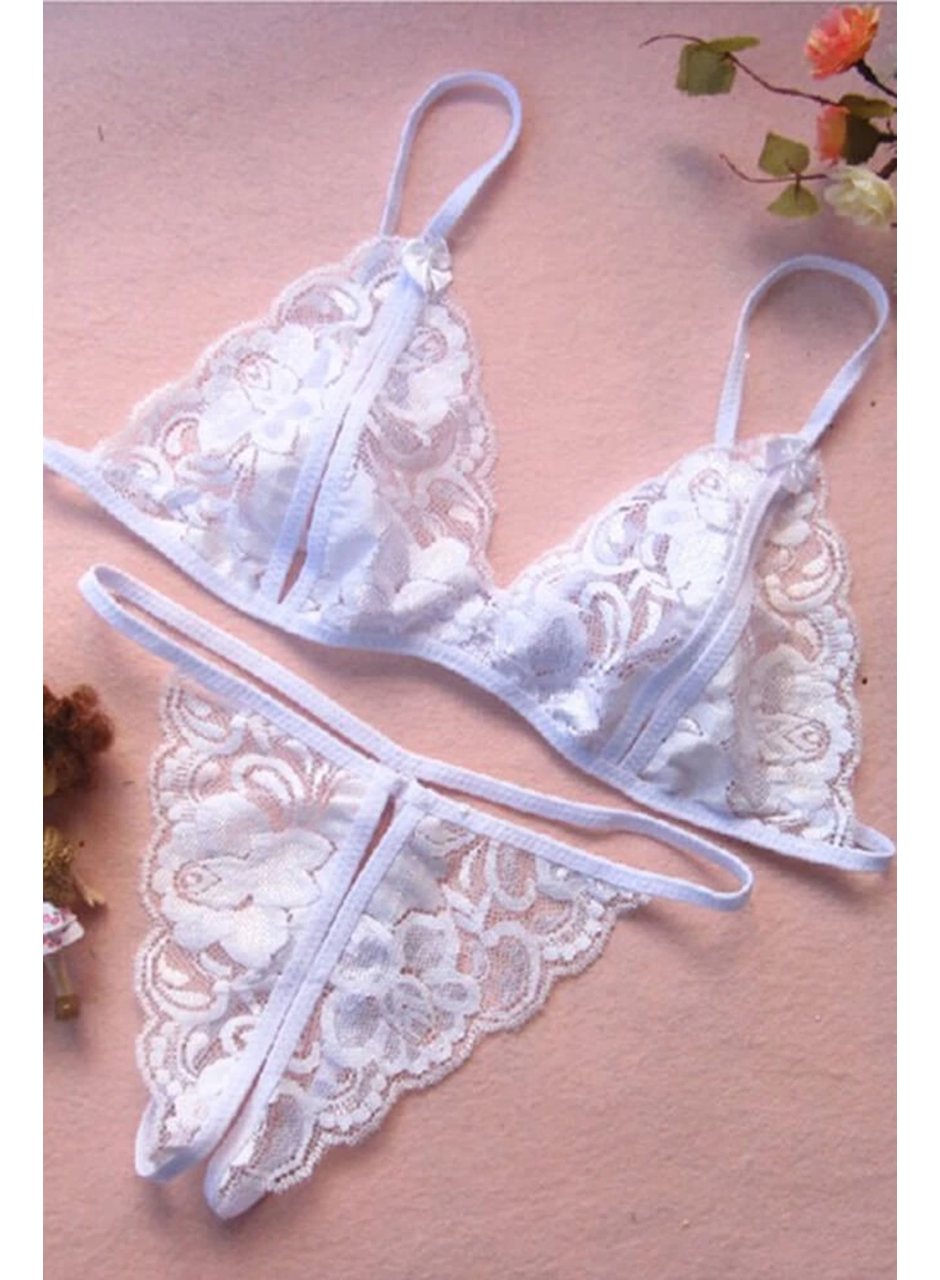 Beyaz Dantelli Fantazi Sütyen ve G-String Takımı TM2090