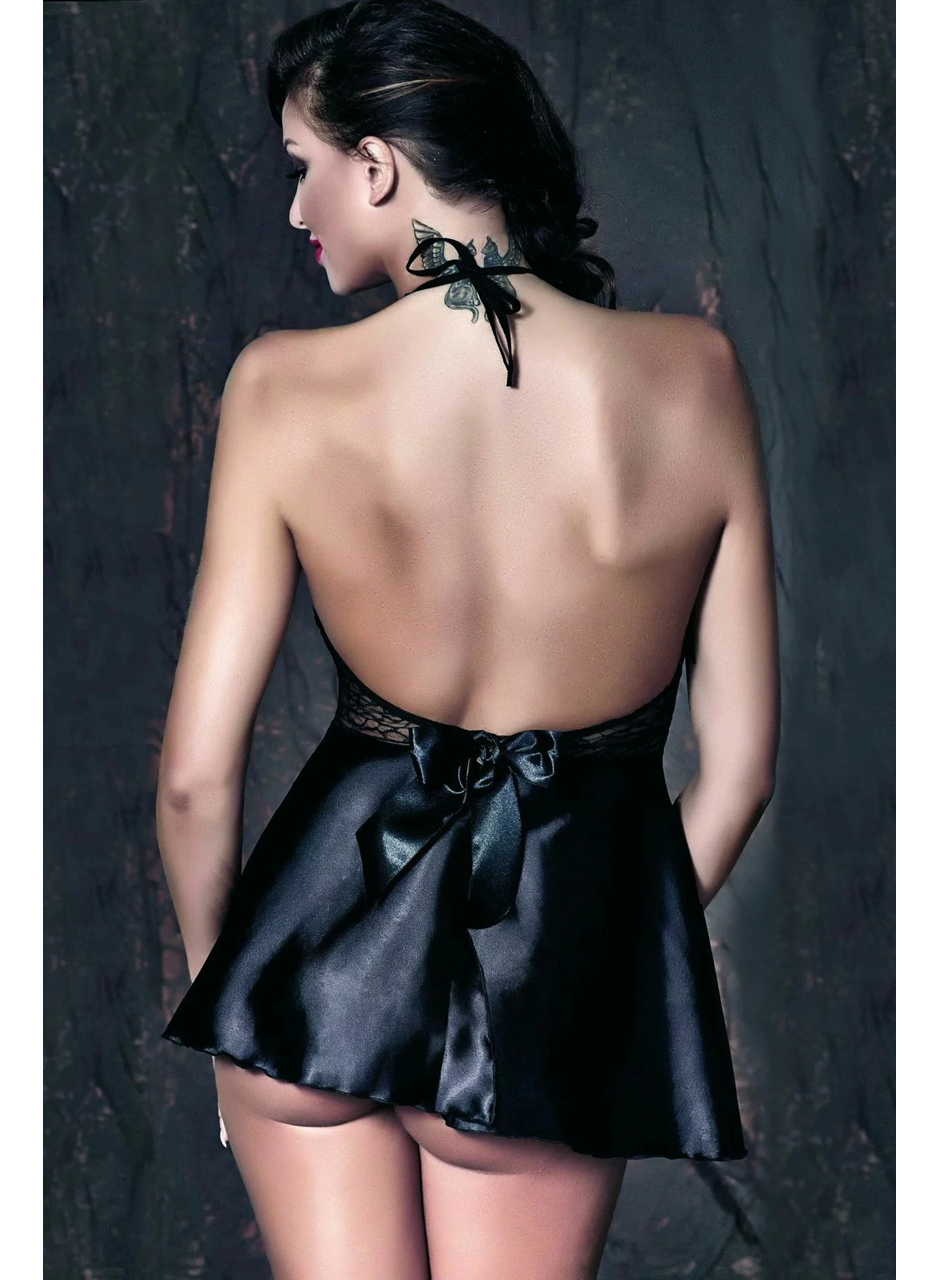 Sırt Dekolteli Siyah Saten Gecelik TM1289G