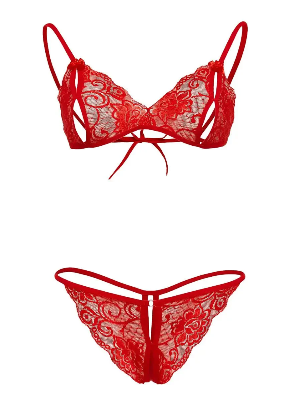 Kırmızı Dantelli Fantazi Sütyen ve G-String Takım TM2048