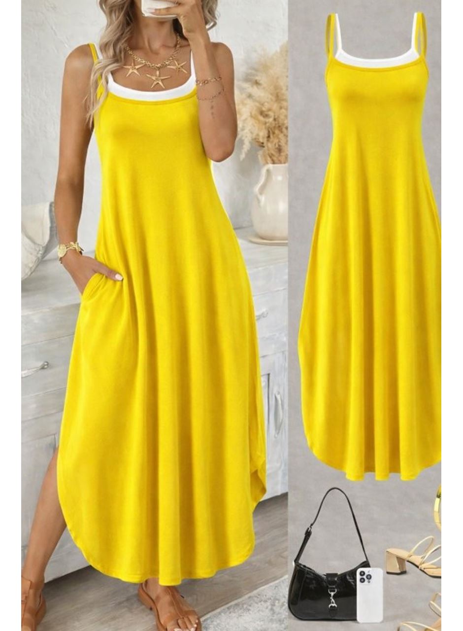 Kadın Ip Askılı Yuvarlak Yakalı Cepli Uzun Viskon Elbise