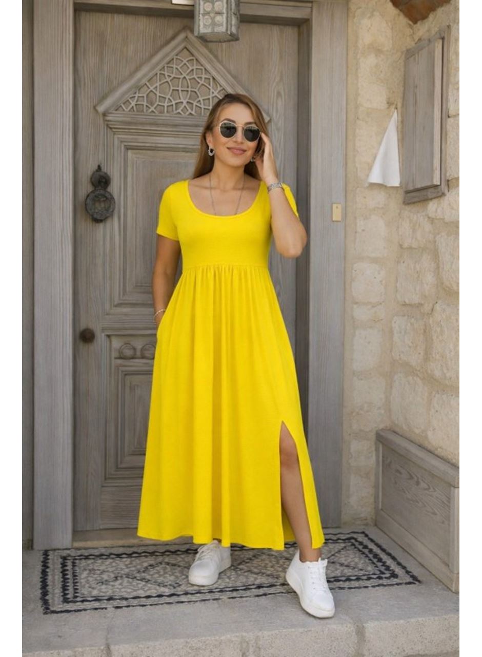 Kadın Kısa Kollu Yuvarlak Yaka önden Yırtmaçlı Cepli Viskon Uzun Elbise