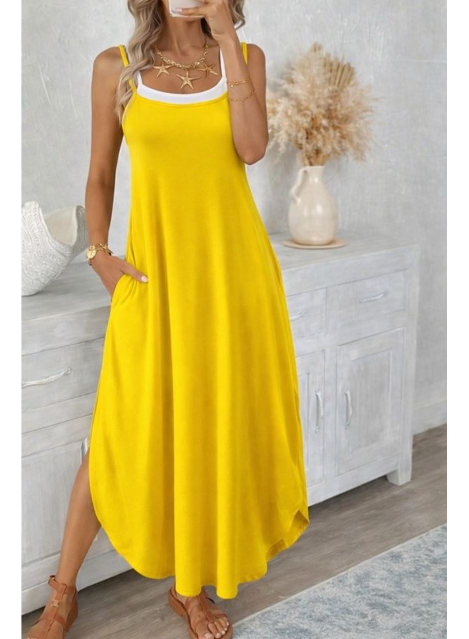 Kadın Ip Askılı Yuvarlak Yakalı Cepli Uzun Viskon Elbise