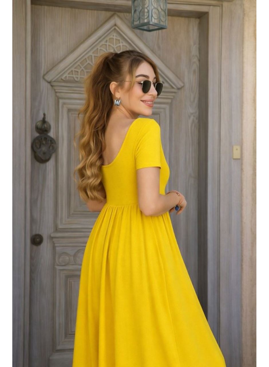 Kadın Kısa Kollu Yuvarlak Yaka önden Yırtmaçlı Cepli Viskon Uzun Elbise