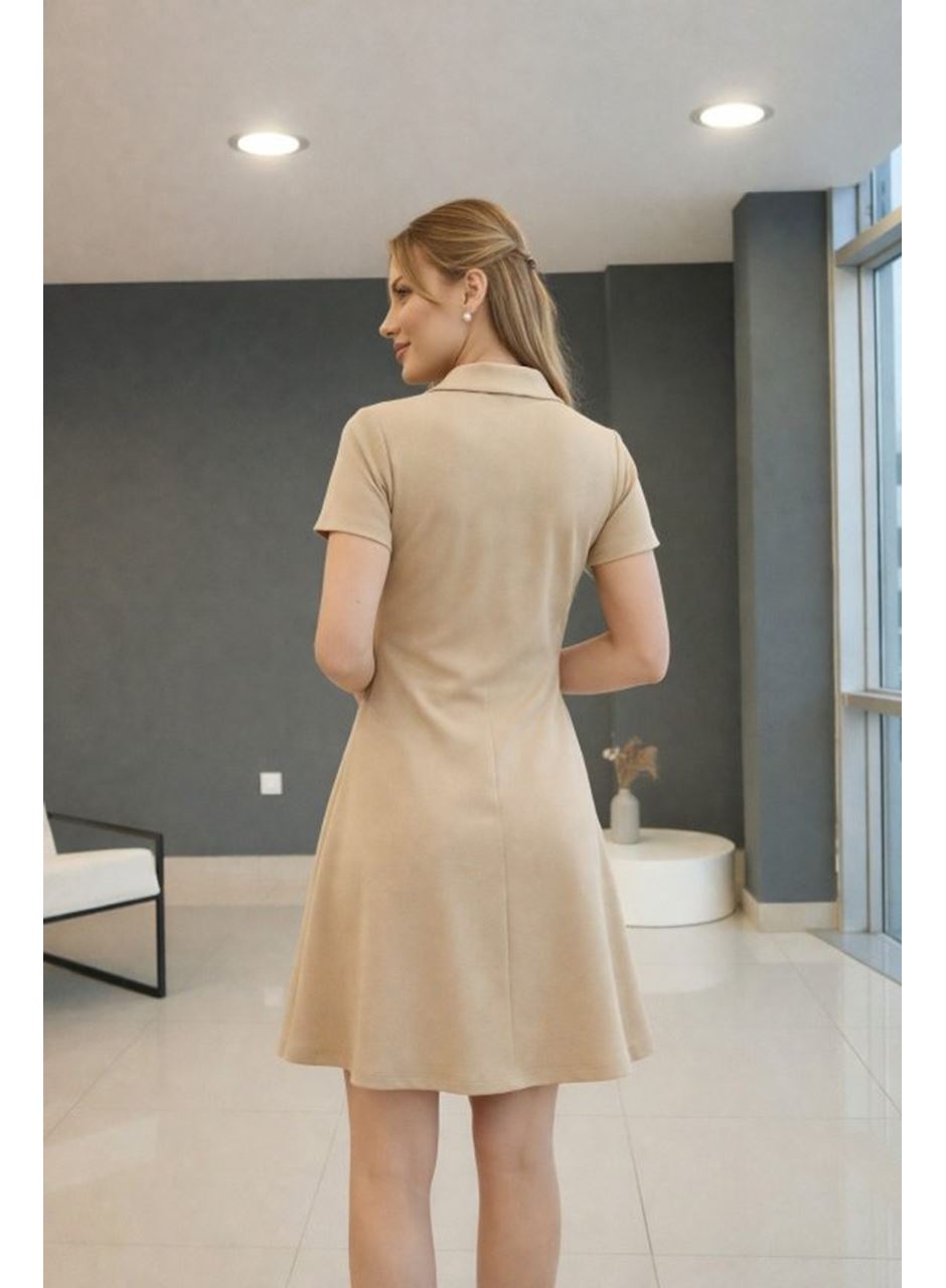 Kadın Kısa Kollu Yakası Fermuarlı Kısa Viskon Iki Iplik Elbise