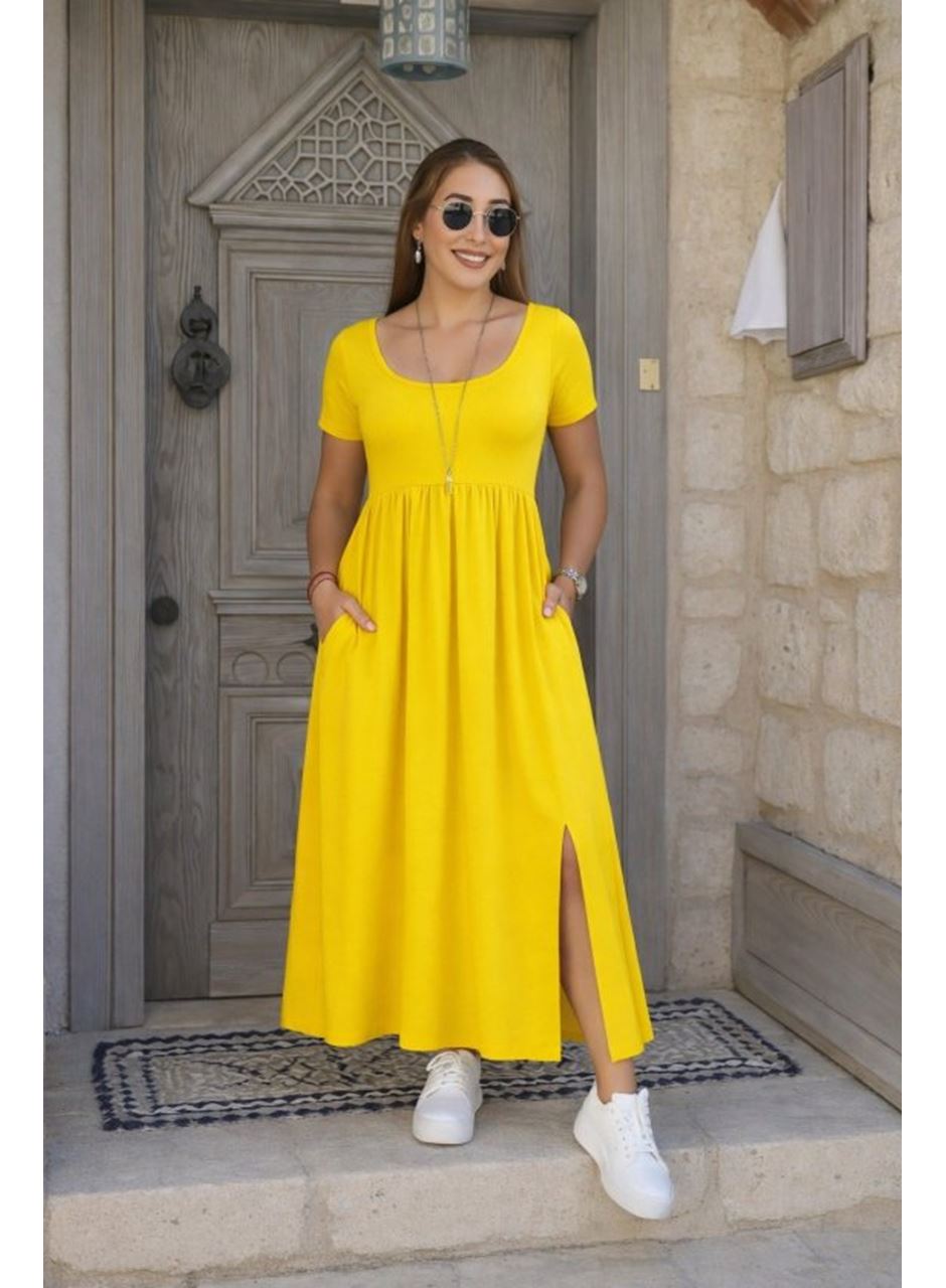Kadın Kısa Kollu Yuvarlak Yaka önden Yırtmaçlı Cepli Viskon Uzun Elbise