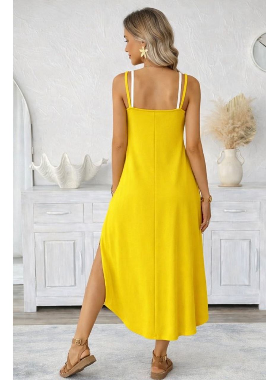 Kadın Ip Askılı Yuvarlak Yakalı Cepli Uzun Viskon Elbise
