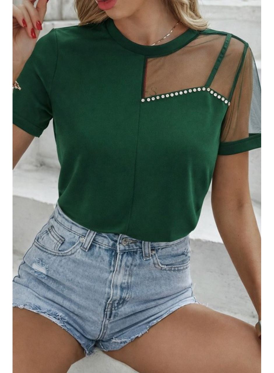 Kadın Kısa Kollu Tül Detaylı Taşlı Janjan Krep Bluz