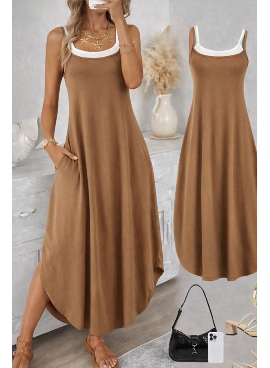 Kadın Ip Askılı Yuvarlak Yakalı Cepli Uzun Viskon Elbise