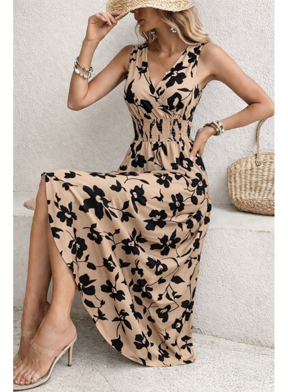 Kadın Beli Gipeli Etnik Desen Sıfır Kol Süprem Elbise