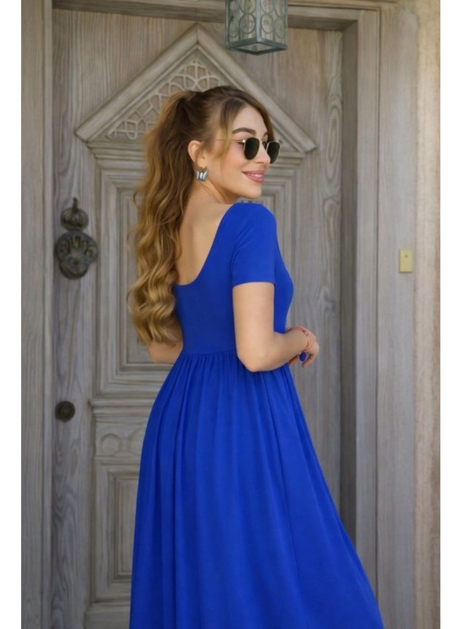 Kadın Kısa Kollu Yuvarlak Yaka önden Yırtmaçlı Cepli Viskon Uzun Elbise