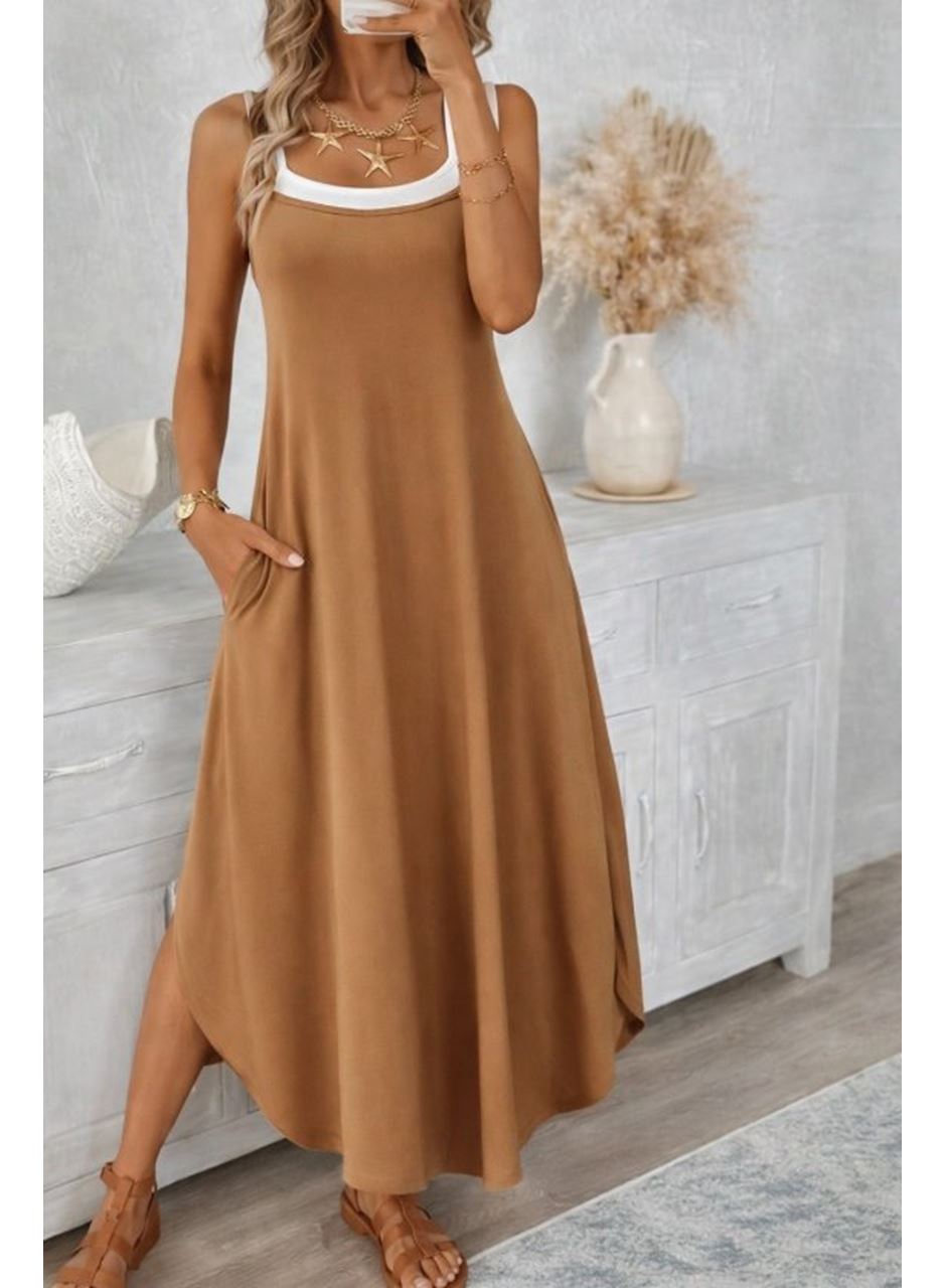 Kadın Ip Askılı Yuvarlak Yakalı Cepli Uzun Viskon Elbise