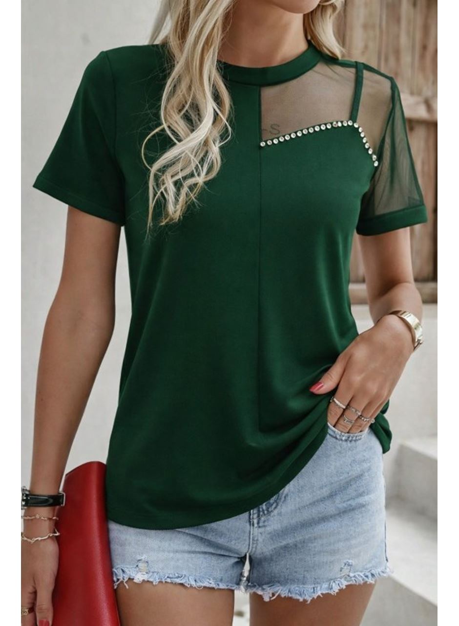 Kadın Kısa Kollu Tül Detaylı Taşlı Janjan Krep Bluz