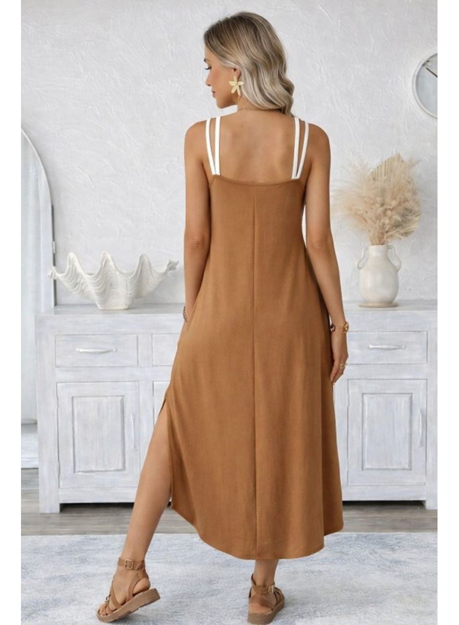 Kadın Ip Askılı Yuvarlak Yakalı Cepli Uzun Viskon Elbise