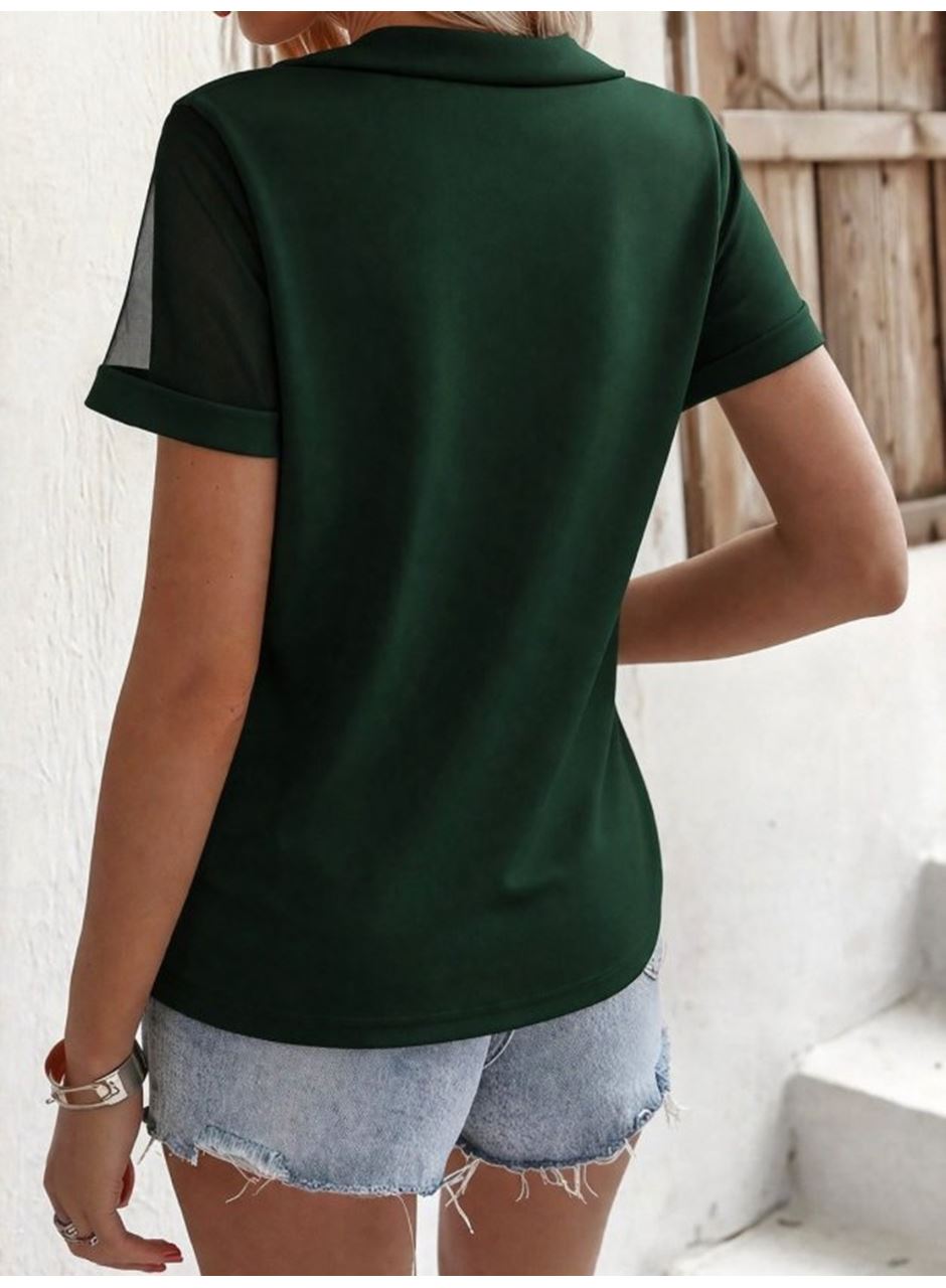 Kadın Kısa Kollu Tül Detaylı Taşlı Janjan Krep Bluz