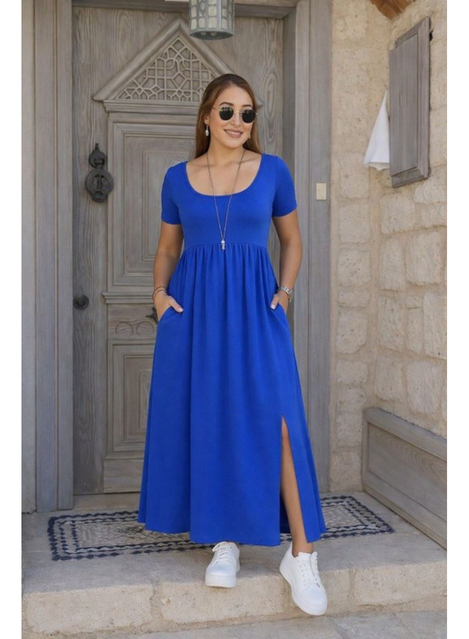 Kadın Kısa Kollu Yuvarlak Yaka önden Yırtmaçlı Cepli Viskon Uzun Elbise