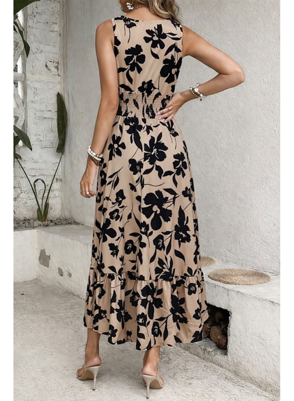 Kadın Beli Gipeli Etnik Desen Sıfır Kol Süprem Elbise