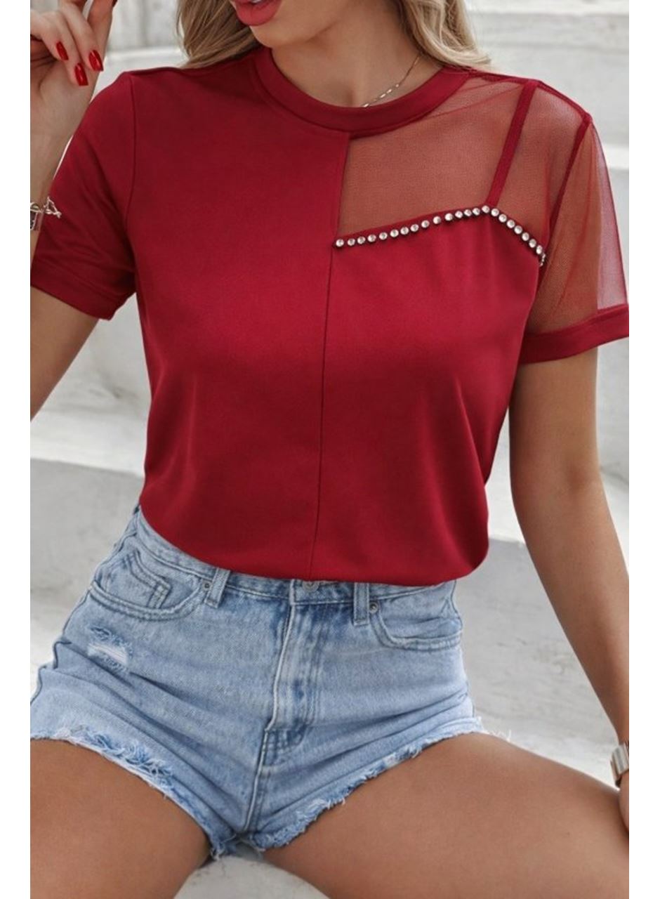 Kadın Kısa Kollu Tül Detaylı Taşlı Janjan Krep Bluz