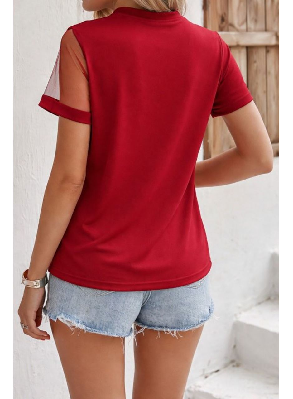 Kadın Kısa Kollu Tül Detaylı Taşlı Janjan Krep Bluz