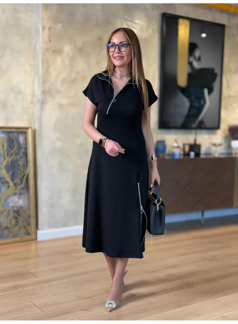 Kadın Kısa Kollu Yakadan Ve Etekten Fermuarlı Midi Viskon Iki Iplik Elbise