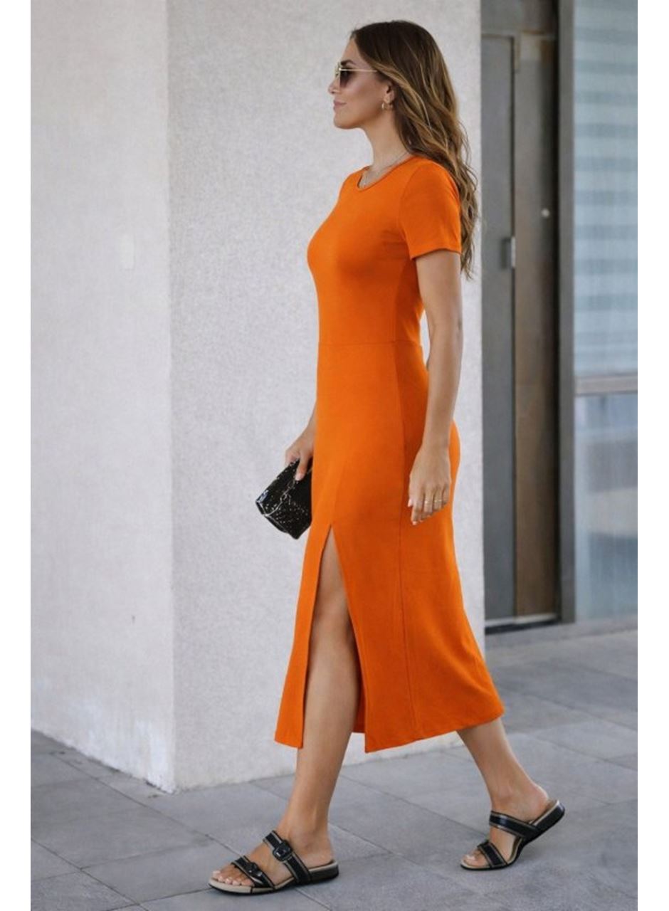 Kadın Kısa Kollu Bisiklet Yaka Yandan Yırtmaçlı Midi Viskon Elbise