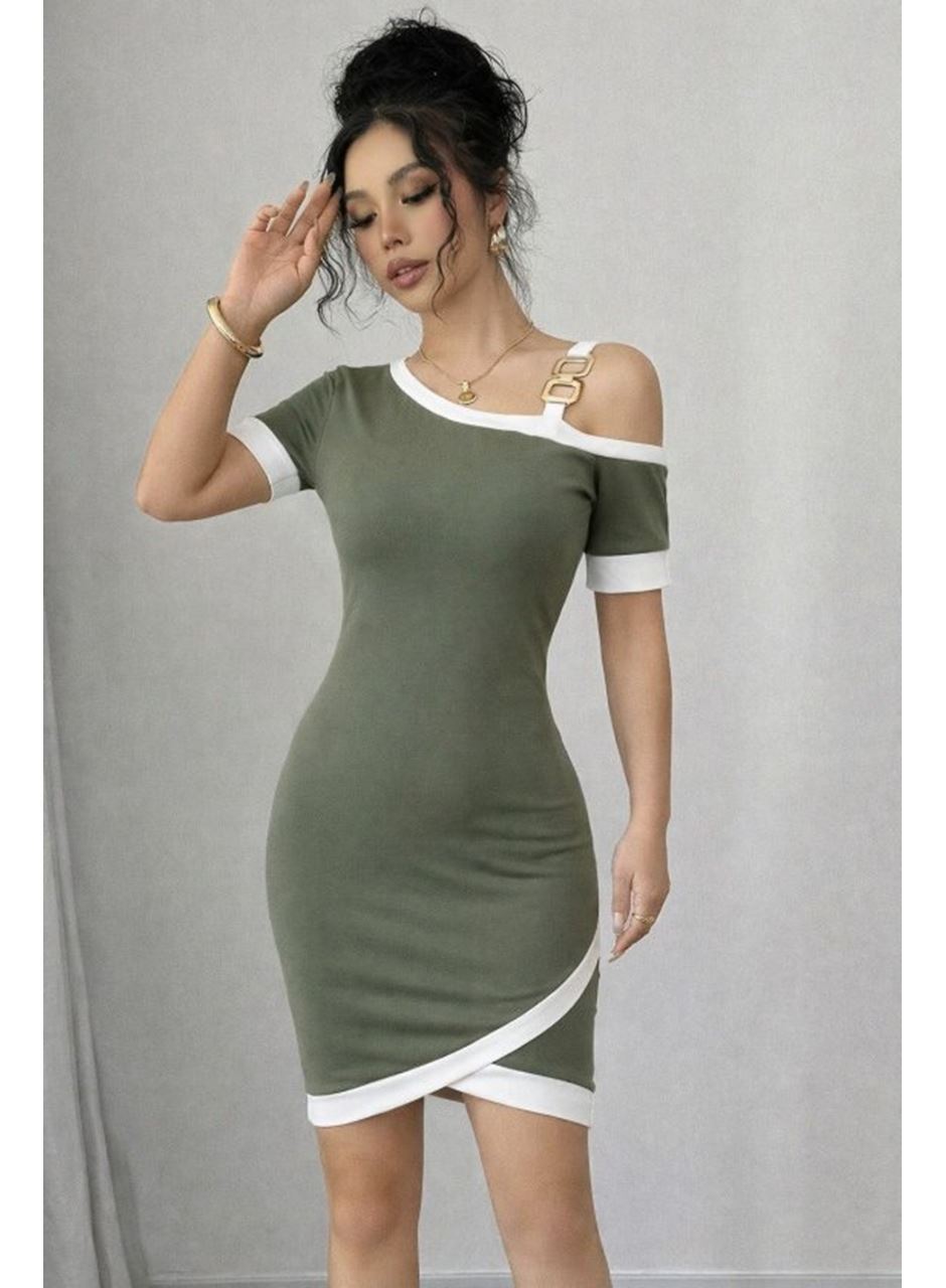 Kadın Kısa Kollu Asimetrik Kesim Yaka şerit Ve Aksesuar Detaylı Modal Elbise