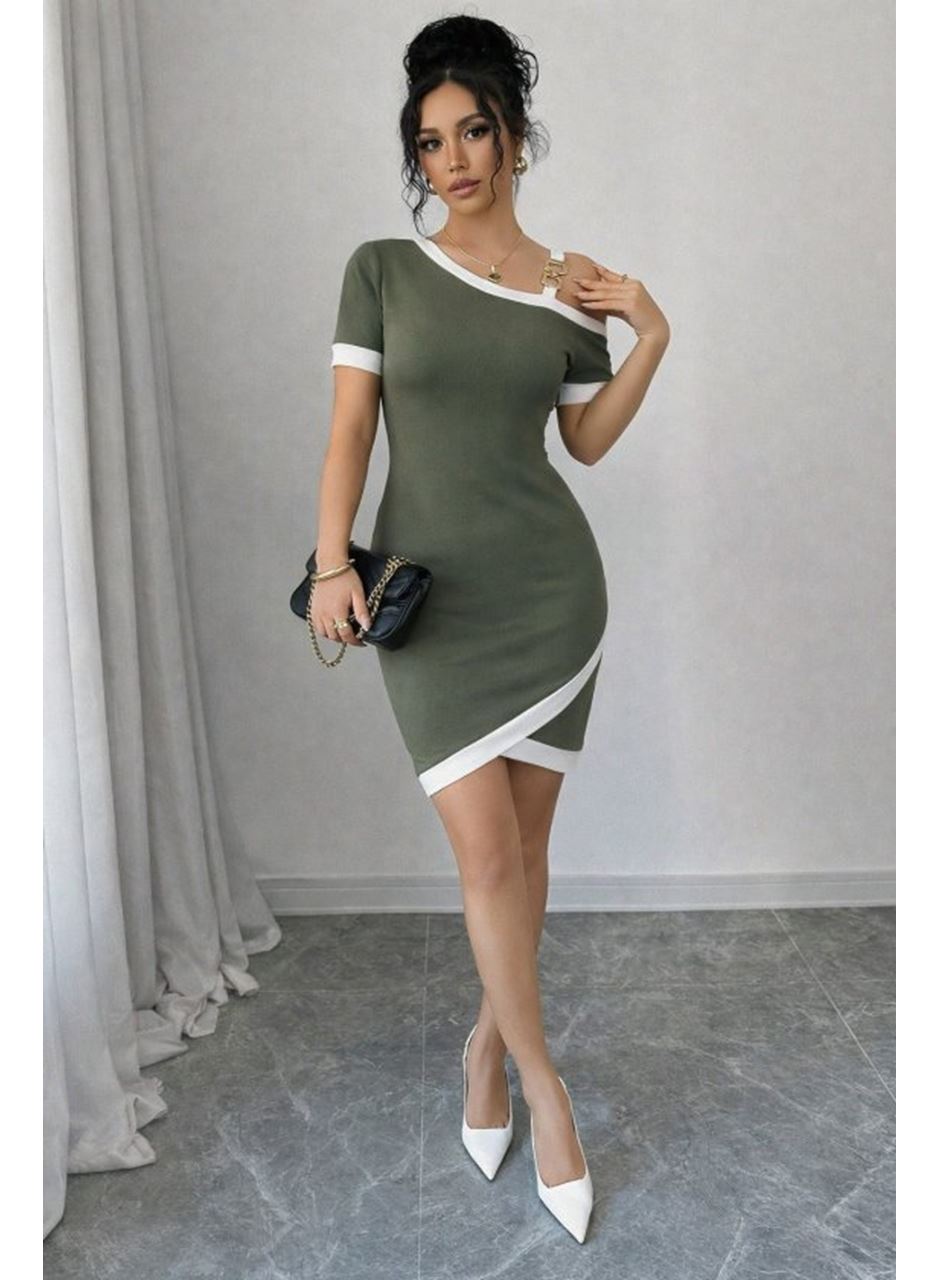 Kadın Kısa Kollu Asimetrik Kesim Yaka şerit Ve Aksesuar Detaylı Modal Elbise