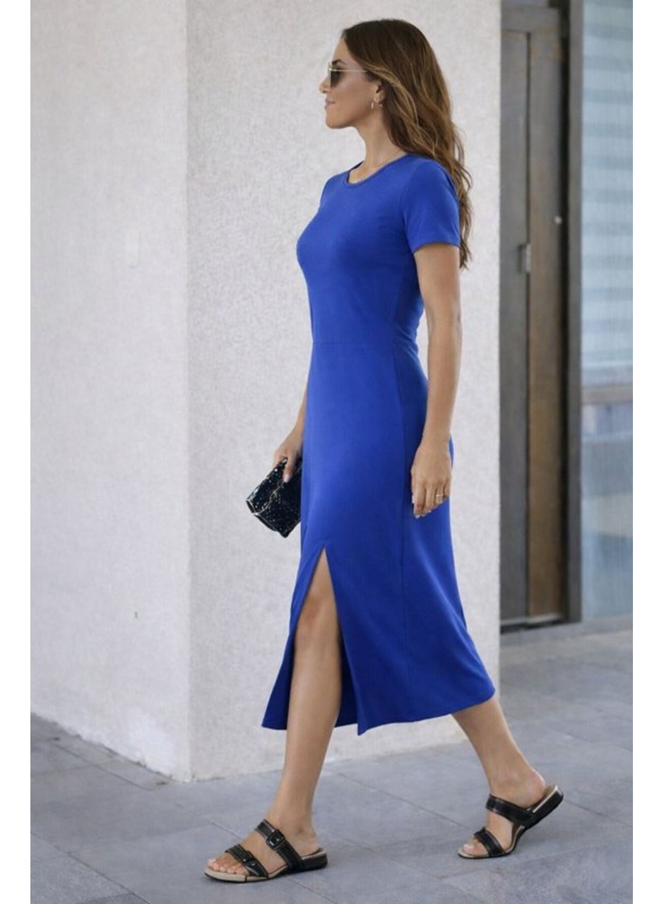 Kadın Kısa Kollu Bisiklet Yaka Yandan Yırtmaçlı Midi Viskon Elbise