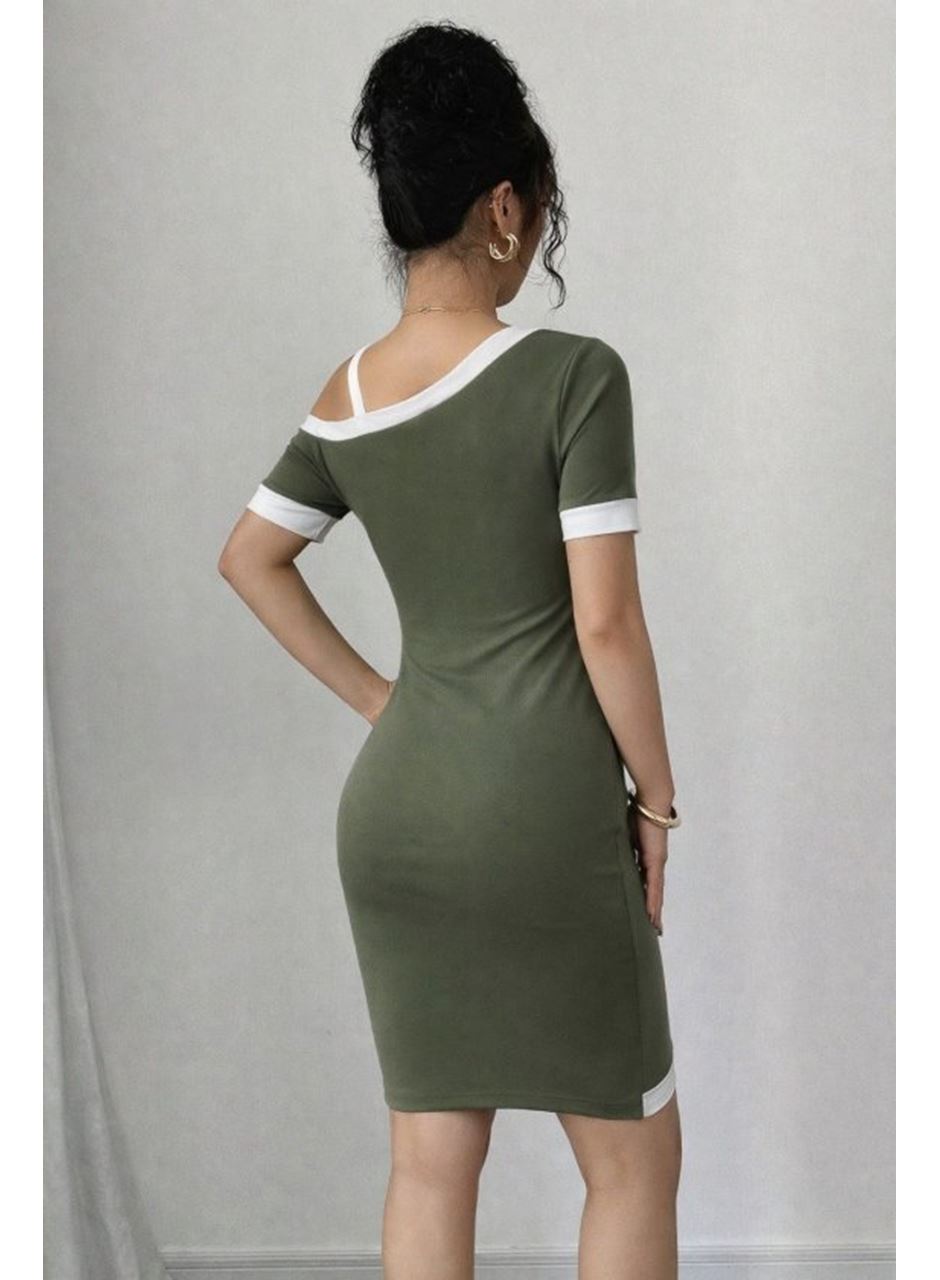 Kadın Kısa Kollu Asimetrik Kesim Yaka şerit Ve Aksesuar Detaylı Modal Elbise