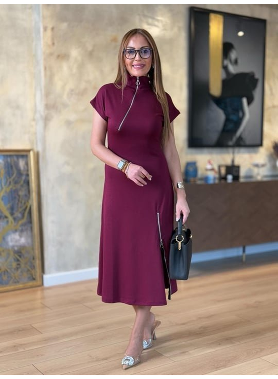 Kadın Kısa Kollu Yakadan Ve Etekten Fermuarlı Midi Viskon Iki Iplik Elbise