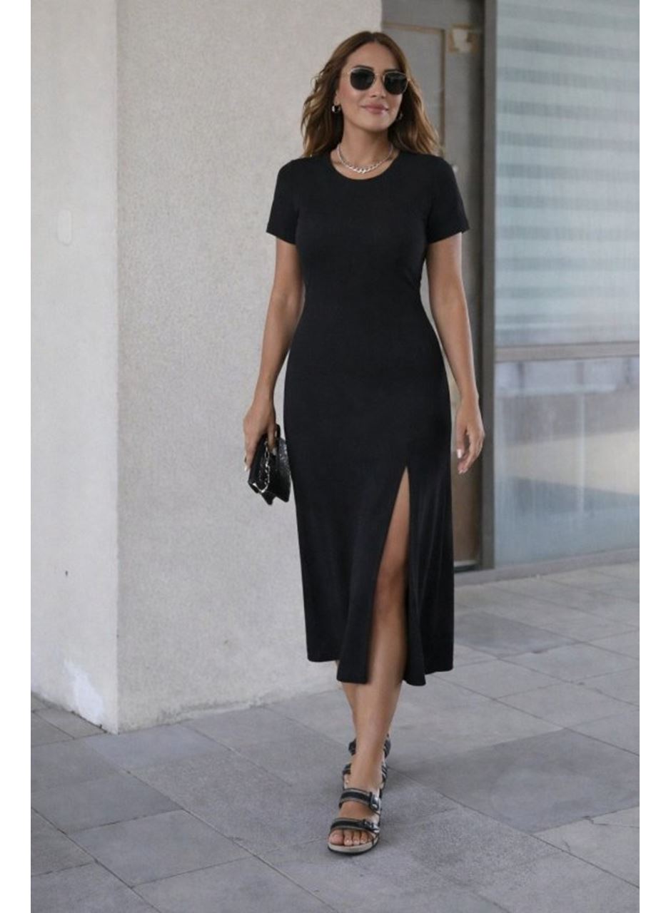 Kadın Kısa Kollu Bisiklet Yaka Yandan Yırtmaçlı Midi Viskon Elbise