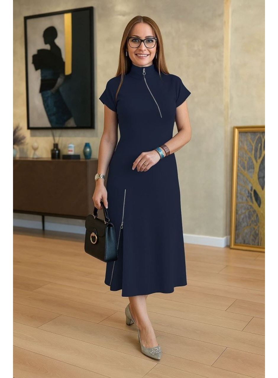 Kadın Kısa Kollu Yakadan Ve Etekten Fermuarlı Midi Viskon Iki Iplik Elbise