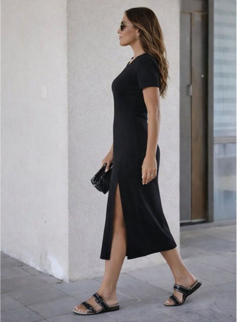 Kadın Kısa Kollu Bisiklet Yaka Yandan Yırtmaçlı Midi Viskon Elbise