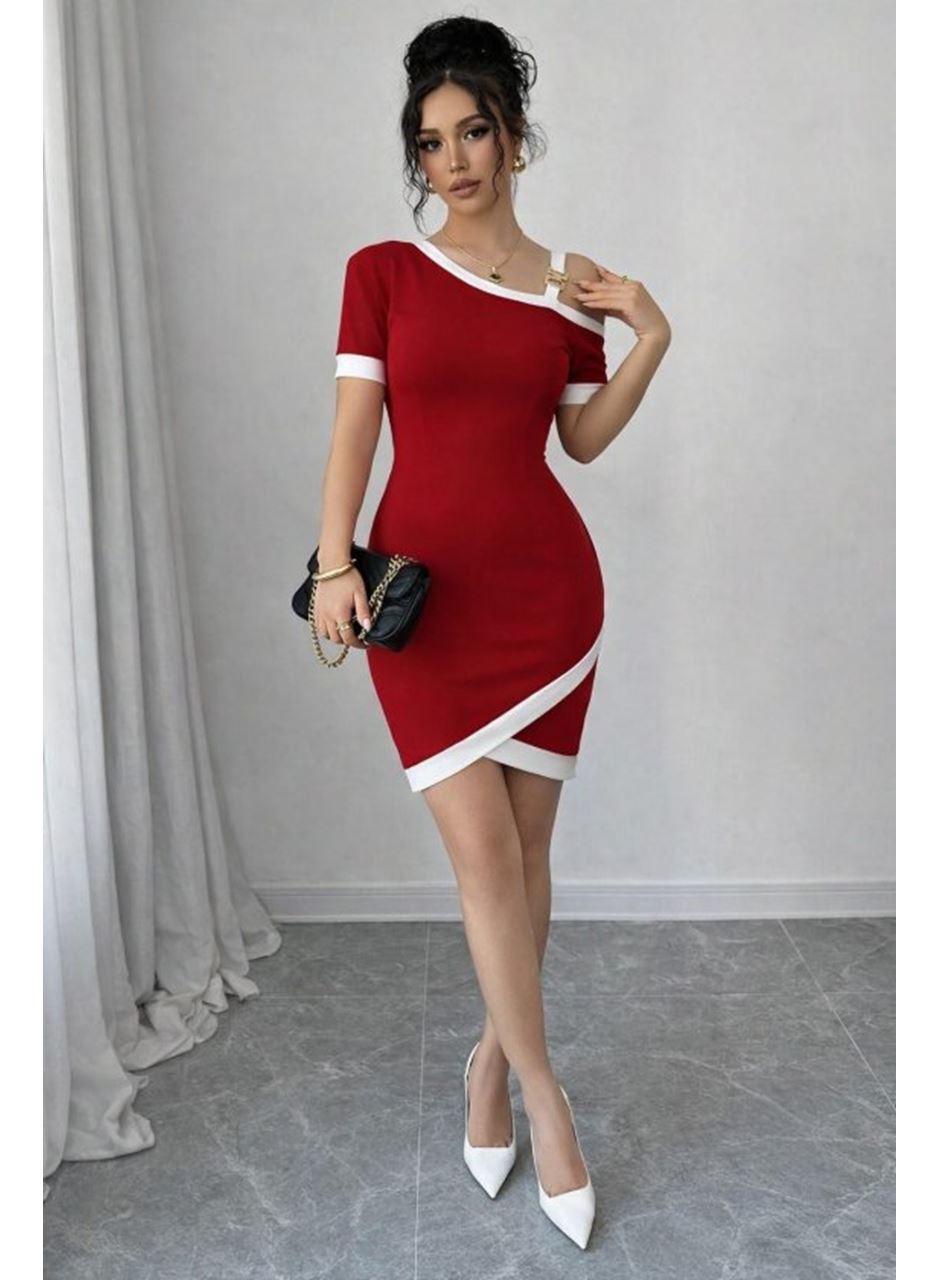 Kadın Kısa Kollu Asimetrik Kesim Yaka şerit Ve Aksesuar Detaylı Modal Elbise