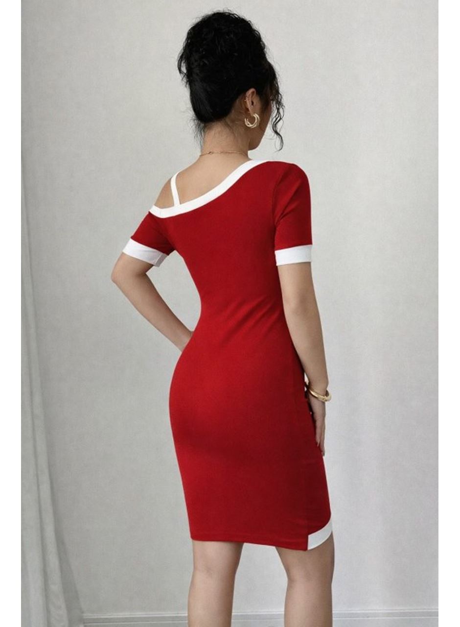 Kadın Kısa Kollu Asimetrik Kesim Yaka şerit Ve Aksesuar Detaylı Modal Elbise