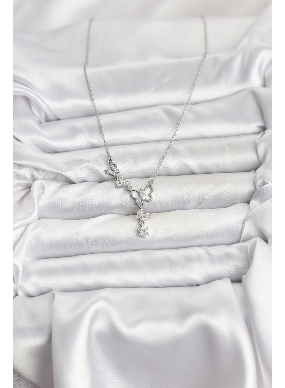 316L Çelik Zincir Gümüş Renk Kelebek Model Kadın Kolye
