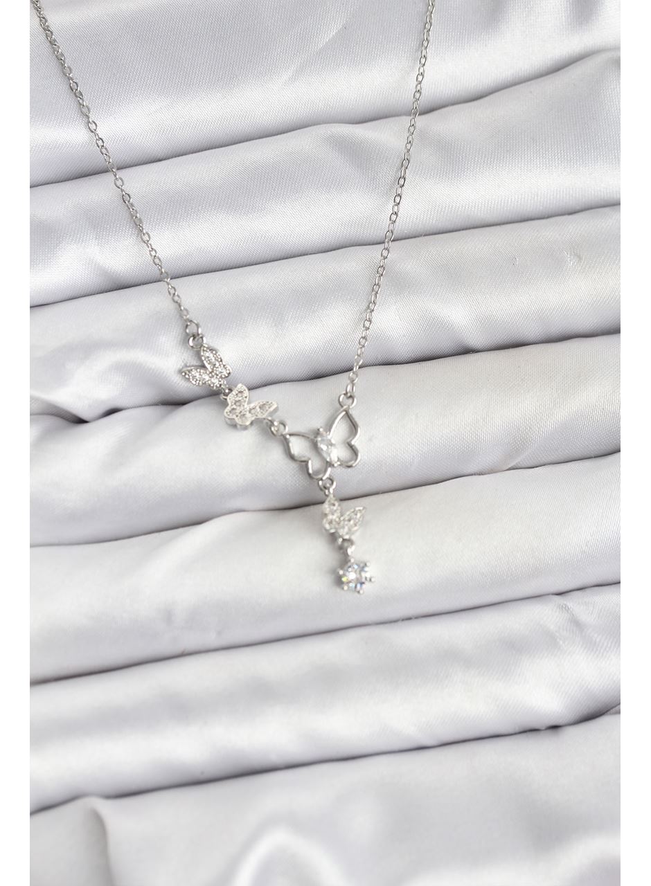 316L Çelik Zincir Gümüş Renk Kelebek Model Kadın Kolye