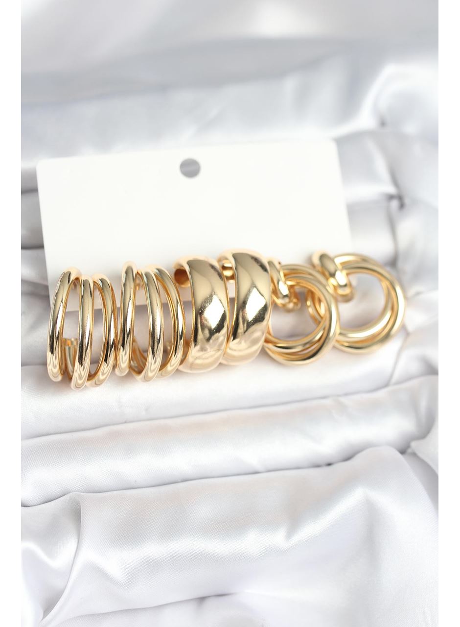 Pirinç Gold Renk 3 Çift Vintage Kadın Küpe Seti