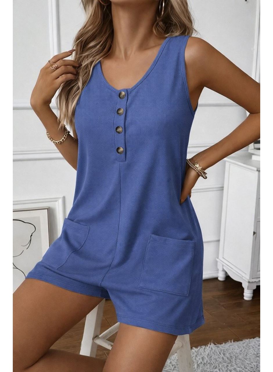 Kadın Askılı Yuvarlak Yaka önden Düğmeli Waffle Kısa Tulum