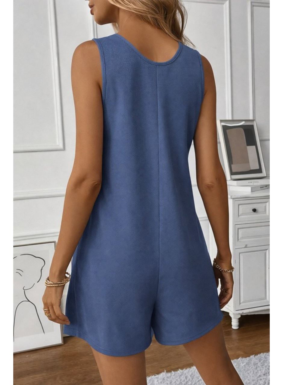 Kadın Askılı Yuvarlak Yaka önden Düğmeli Waffle Kısa Tulum