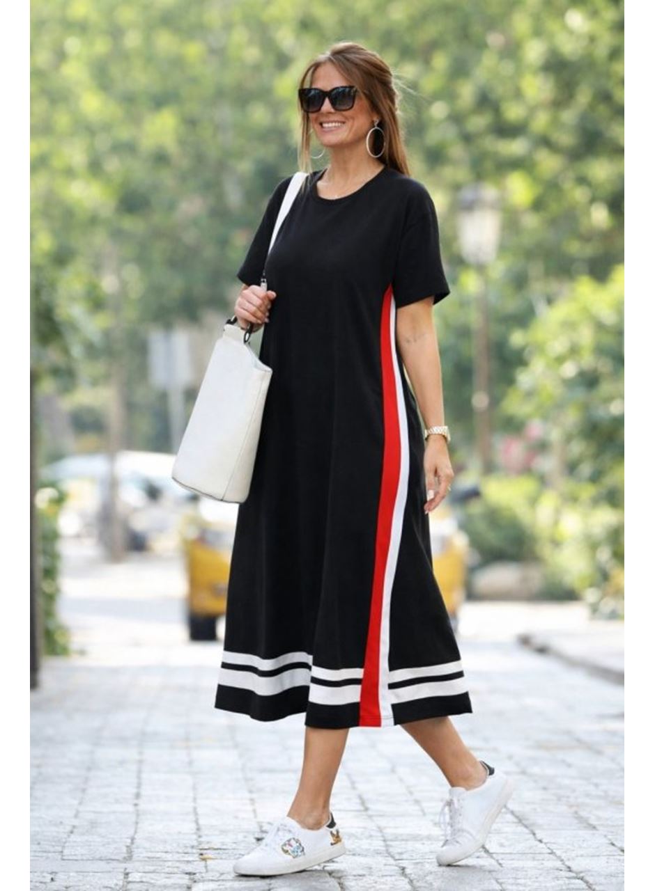 Kadın Kısa Kollu Bisiklet Yaka Yan şerit Detaylı Midi Viskon Elbise