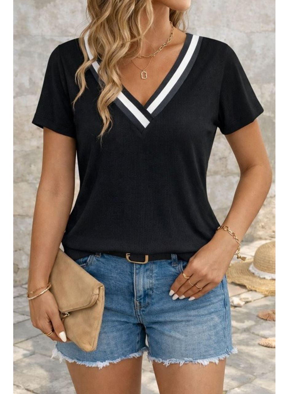 Kadın Kısa Kollu V Yakalı Bürümcük Bluz