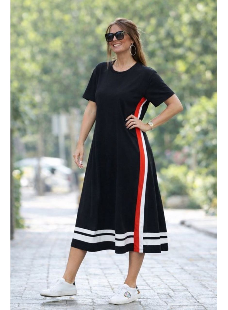 Kadın Kısa Kollu Bisiklet Yaka Yan şerit Detaylı Midi Viskon Elbise