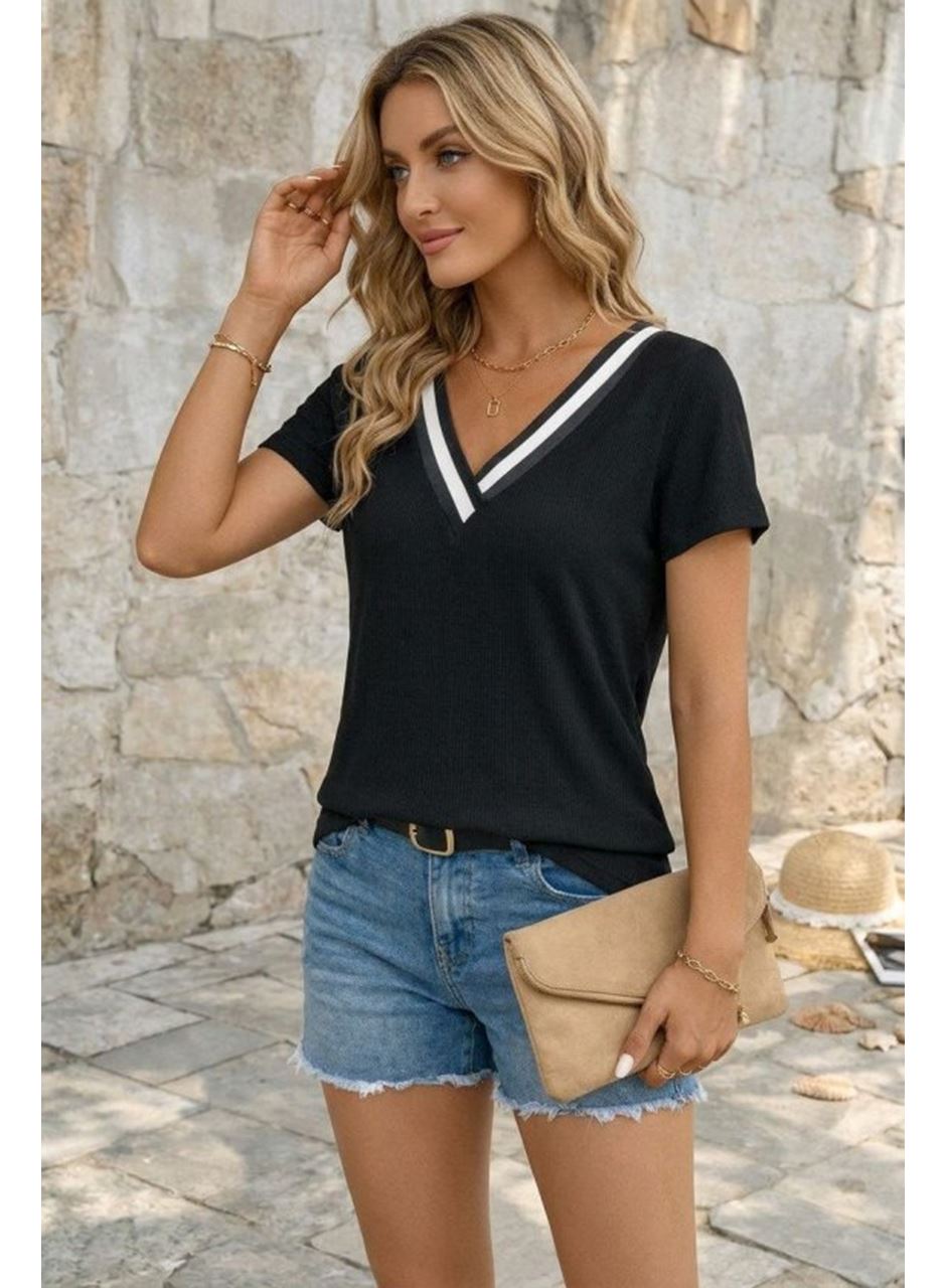 Kadın Kısa Kollu V Yakalı Bürümcük Bluz