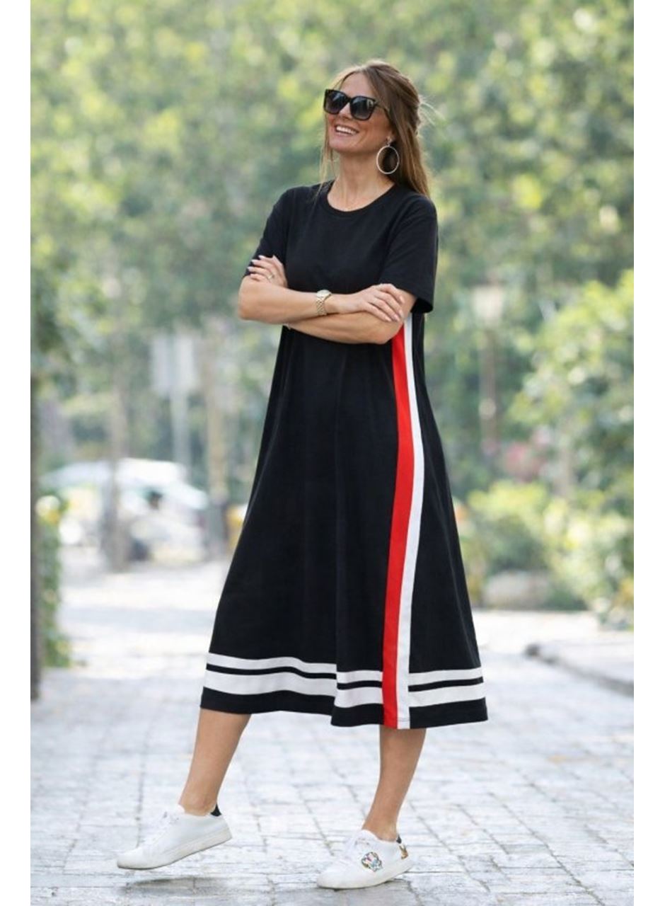 Kadın Kısa Kollu Bisiklet Yaka Yan şerit Detaylı Midi Viskon Elbise