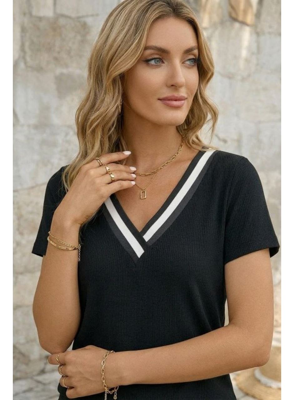 Kadın Kısa Kollu V Yakalı Bürümcük Bluz